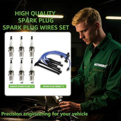 Set of 6 PCS Ignition Spark Plug Wires 671-6197 8113 RC-NX14 & 6 Iridium Spark Plugs Set Compatible with Nissan Frontier Xterra Pathfinder INFINITI QX4 3.3L V6# replace 22450-0W025 22440-9Z025 55301 - size: 8113