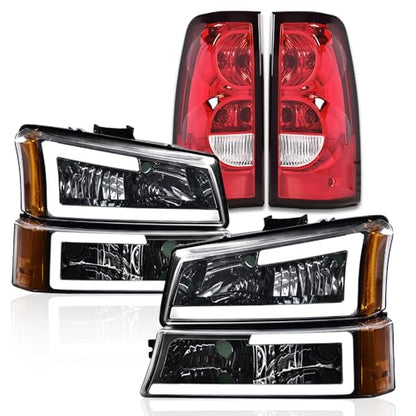 G-PLUS LED DRL Headlights & Tail Lights Fit Chevy Silverado 1500 2003-2006 - color: Clear Lens Chrome Housing Amber Reflector & Red, size: C LED