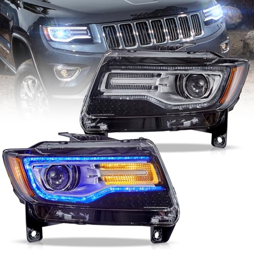 VLAND Led Headlights Compatible with Cherokee 4th Gen WK2 2011-2013 Halogen/Xenon Version w/Dynamic Animation Blue Running Light w/Sequential Turn Signal (Chrome) - color: Chrome