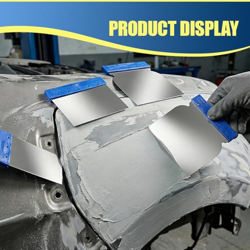 Stainless Steel Body Filler Spreader, 2, 3, 4, 4.5 inches Auto Metal Putty Knife Tool with Ergonomic Handles, Multipurpose Car Maintenance Scraper Set for Applying Fillers, Glazes (Silver)