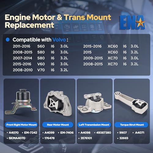 ENA Engine Motor and Trans Mount for A4070 A4099 A4098 A4071 Set of 4 Compatible with Volvo 2011-2016 S60 2008-2015 S80 XC70 2015 2016 V60 XC60 2008-2010 V70 Replacement for 9906 10001 10035 9907