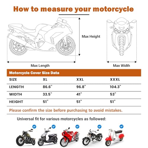 BENVOL 420D Heavy Duty Motorcycle Cover Waterproof Outdoor, 5000mm Rainproof Material Motorbike Cover with 2 Windproof Buckles, Lock Holes & Wide Reflective Strips, Anti-UV Sun Dust Protection - color: Black-XXXL(104*51*51)