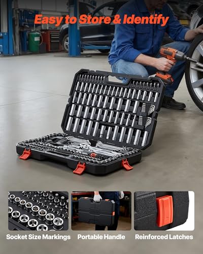 VEVOR Mechanics Tool Set, 253-Piece Mechanic Tool Kit, 1/4 in, 3/8 in, and 1/2 in Drive, SAE and Metric Socket Set, Wrenches, Screwdriver Bits, Accessories, and Storage Case, for Automotive Repair - size: 247-PCS