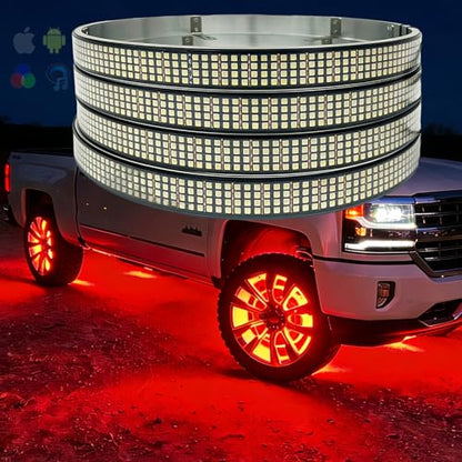 Surper Bright New 17in RGBW 4 Row Wheel Lights for Truck,APP RF 4-Zone Control,High Density 2592 LEDs RGB+White Wheel Ring Light,Brake & Courtesy Function,Music Sync Dynamic Car Rim Tire Lights