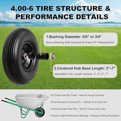 Storystore 13" Wheelbarrow Tires, 1-Pack 4.00-6 Flat Free Tire And Wheel with 5/8" or 3/4" Bearings, 1.75" Centered Hub for Hand Trucks, Wheelbarrows, Dolly, Wagon, Trailer - size: 13" (1 Pack)