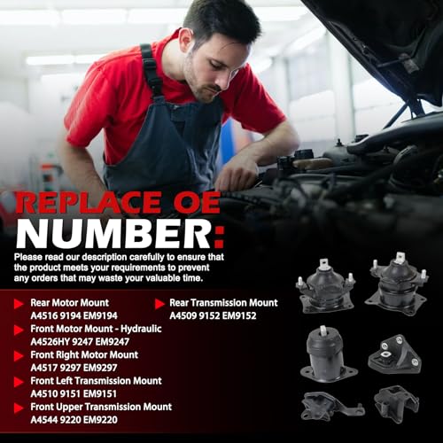 Set of 6 Engine Motor and Trans Mount 2.4L Compatible with Acura TSX 2004 2005 2006 2007 2008 Car Transmission Mount Replacement Parts A4509 A4516 A4510 A4517 A4526HY A4544
