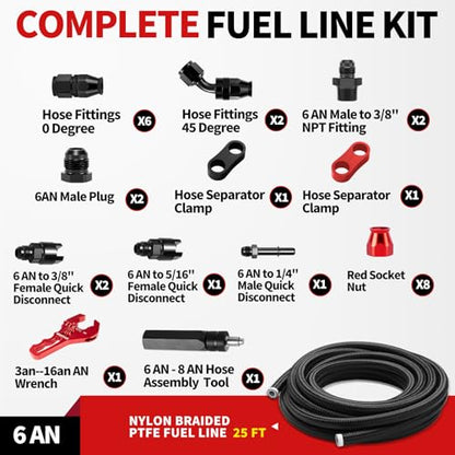 6AN PTFE Fuel Line Kit 25FT AN6 3/8" LS Swap EFI E85 Nylon Stainless Steel Braided Fuel Hose With 26PCS PTFE Hose End Fittings & Adapters Black - color: Black & Red, size: 6AN 25FT