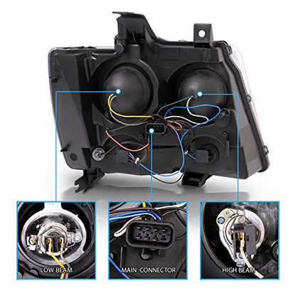 AmeriLite for 2007-2013 Chevy Avalanche Suburban Tahoe Super Bright LED Bar Projector Halogen Black Headlights Pair - Passenger and Driver Side - color: Black LED Bar