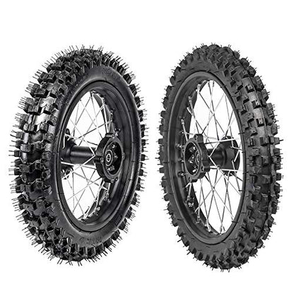TDPRO Front 60/100-14 and Rear 80/100-12 Wheel Disc Brake Tires Rim With 12mm Bearing for Pit Dirt Bike - size: Front+Rear