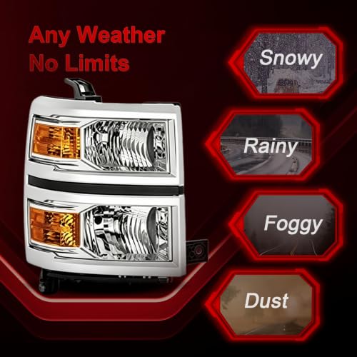 Headlight Assembly for 2014 2015 Chevy Silverado 1500 Headlights - color: Chrome Housing+ Amber Reflector