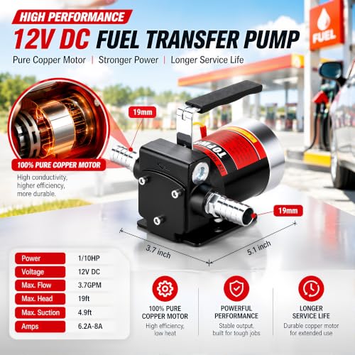 TOPWAY 12V DC Gasoline Fuel Pump 3.7GPM Self-priming Oil Transfer Pump With Handle, Reversible Pumping, Overheat Protection, Explosion-Proof, Built-in Bypass, for Gasoline Fuel Diesel Kerosene Removal - style: 12V 3.7GPM