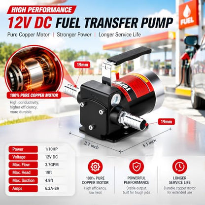 TOPWAY 12V DC Gasoline Fuel Pump Kit, Self-priming Oil Transfer Pump with Handle, Reversible Pumping, Overheat Protection, Explosion-Proof, Oil Hose, Nozzle for Gasoline Fuel Diesel Kerosene Removal - style: 12V 3.7GPM KIT