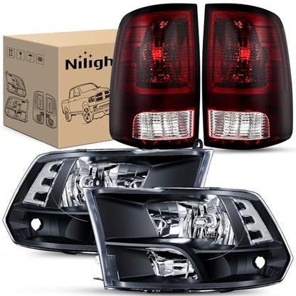 Nilight Headlight and Taillight Combo for 2009-2018 Dodge Ram - color: Black Housing + Clear Reflector w/Taillight
