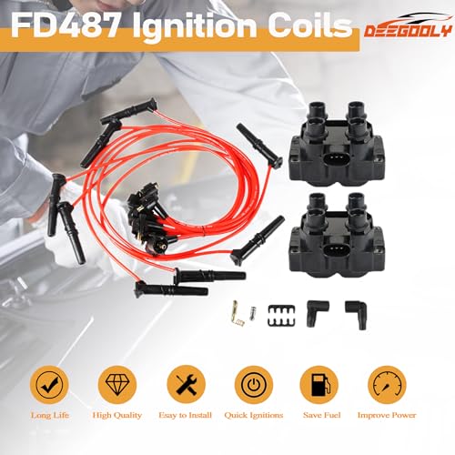 2PCS FD487 Ignition Coils Pack & 8PCS Spark Plug Wires Set Compatible with Ford Mercury Lincoln Contour F150 Escort Explorer Mustang Ranger Town Car Mark VIII 4.6L V8 - size: FD487 Ignition Coil & Wires