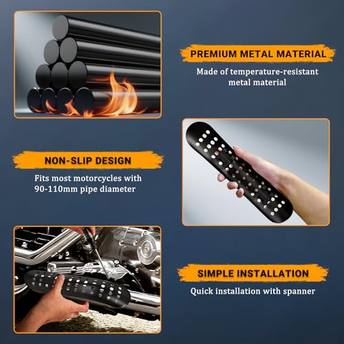 Motorcycle Exhaust Heat Shield with Holes, Bent Metal Shield Intake Baffle Cover with 90-110mm Clamps - Black - color: black