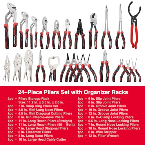 24 PC Pliers Tool Set with Storage Rack, Snap Ring, Needle Nose,Long Reach,Lineman's,Groove Joint and Diagonal Cutting Pliers,Cable Cutter,Wire Stripper for Plyers Home Use, Holiday,Fathers' Day Gift