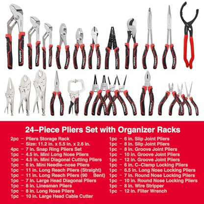 24 PC Pliers Tool Set with Storage Rack, Snap Ring, Needle Nose,Long Reach,Lineman's,Groove Joint and Diagonal Cutting Pliers,Cable Cutter,Wire Stripper for Plyers Home Use, Holiday,Fathers' Day Gift