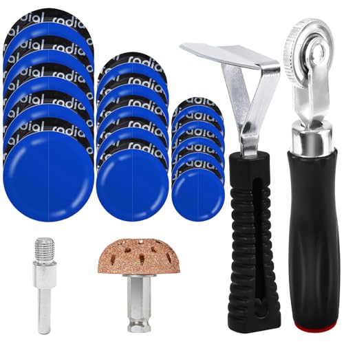 Wayona 35Pcs Tire Repair Patch Kit Heavy Duty, Tire Patches 32/45/58mm Tire Repair Tools with 40mm Tire Buffing Wheel Tire Patch Roller Inner Liner Scraper for Car Tire Grinding Bike Motorcycle Wheel