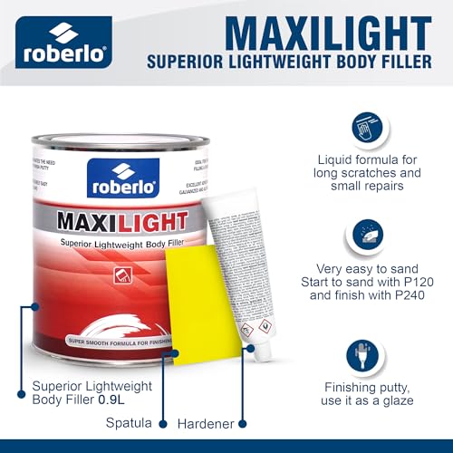 Roberlo Maxilight Superior Lightweight Auto Body Filler - Easy Application, Super Smooth Self-Leveling Formula, Creamy Texture, Ideal for Large Area Repairs, Dents, Dings, Holes, Scratches & Rust Quart