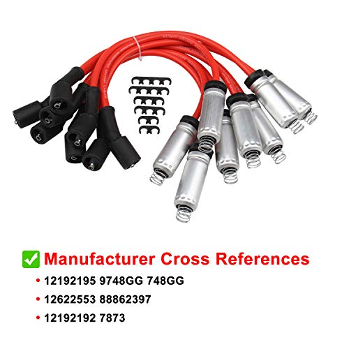 High Performance 8Pcs D585 UF262 Ignition Coils Pack Round Type + 8Pcs 8mm Spark Plug Wire Set Part Number 748UU 12622553 12656210-15% More Energy