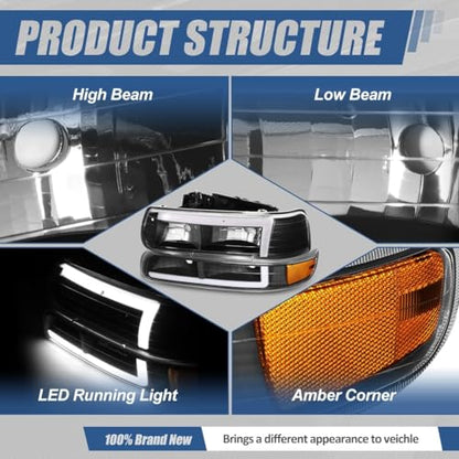 Auto Dynasty 3D LED DRL Headlights Assembly with Bumper Lamps Compatible with 99-06 Chevy Silverado Suburban 1500 2500 HD 3500 Tahoe, Pack of 4, Driver and Passenger Side, Black Amber - color: Black / Amber, size: LED Light Bar Style (Ver.3)