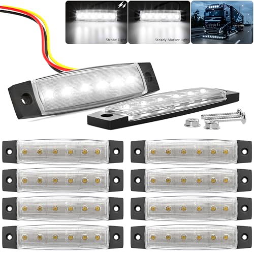 BJZ 3.8" Strobe+Steady Marker Strip Dual Function White Trailer LED Side Clearance Tail Bumper Griller Flash Lights 12V Running Warning Waterproof for Trailer Truck Van RV ATV Bus, 10Pcs - color: White, 10Pcs