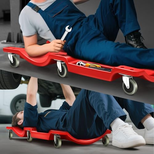 DNA MOTORING 40 Inch Mechanic Creeper, Blow Molded Low Profile Rolling Garage Creeper, w/Padded Headrest, Dual Tool Trays, 350lbs Capacity, Red, TOOLS-00005 - color: Green Wheel 40 Inches, style: 40"-RED