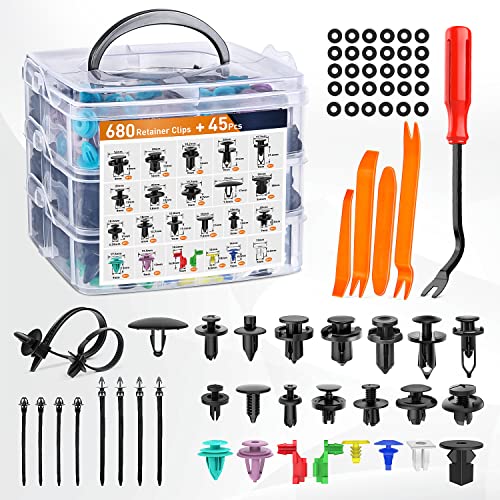 GOOACC 725Pcs Car Push Retainer Clips & Auto Fasteners Assortment -23 Most Popular Sizes Nylon Bumper Fender Rivets with 10 Cable Ties and Fasteners Remover for Toyota GM Ford Honda Chevy - color: 680PCS Clips + Remover