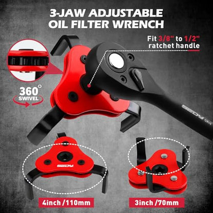 10-Piece Oil Filter Wrench Set 2-3/8"to 4-3/4", 12-Inch Adjustable Oil Filter Plier, Universal 3-Jaw Oil Filter Wrench, 1/2"Quick Release Ratchet Handle, 1/2"-3/8" Adapter, Towel in Storage Case - style: New Version