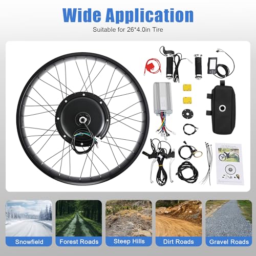 26" 48V 1500W E-Bike Conversion Kit Rear Wheel, 55Nm Electric Bicycle Fat Snow Tire Motor Kit Brushless Gearless Rear Wheel Hub Motor with LCD Display for 26x4.0 Inch Tire