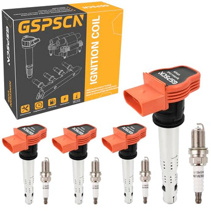 GSPSCN Set of 4 Ignition Coil Pack and Platinum Spark Plugs for 2006-2016 Volkswagen Tiguan GTI CC Passat Jetta Beetle Eos Golf 1.8L 2.0L l4丨Audi A4 A3 A5 TT Q5, OE# UF529,C1631,E1029