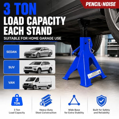 Jack Stands, 3 Ton Capacity with Double Pins Locking and Adjustable Height, Secure Locking Mechanism Stand for Lifting SUVs, Pickups, Cars, and UTVs/ATVs, Blue, 1 Pair - color: Blue