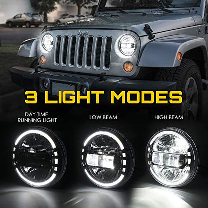 Xprite 7" LED Halo Headlights Compatible with 97-18 Jeep Wrangler JK, Black - color: Black