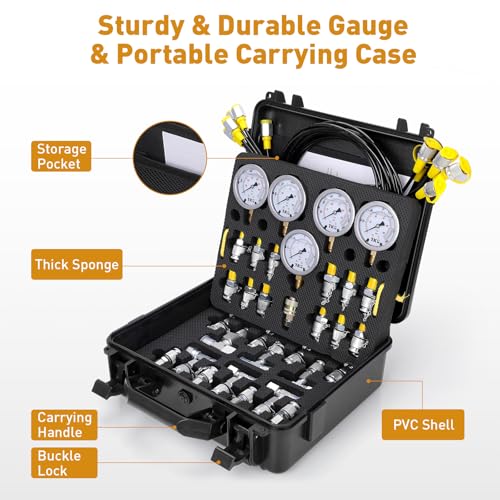 Hydraulic Pressure Test Kit, 600bar /10000psi / 60Mpa 5 Gauges 13 Test Couplings 14 Tee Connectors 5 Test Hoses, Hydraulic Test Gauge kit for Excavator Construction Machinery (5 Gauges) - size: 5 Gauges 13 Test Couplings