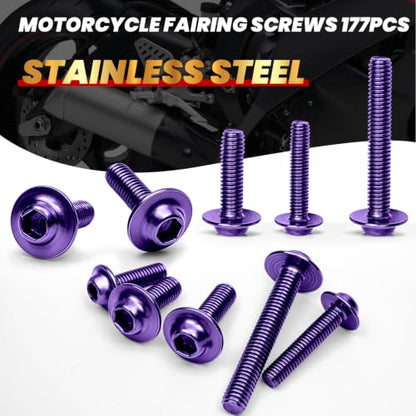 177Pcs Motorcycle Fairing Bolt Kit Purple, M5 M6 Stainless Steel 304 - color: Purple