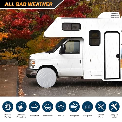 RV Tire Covers Set of 4 for All-Weather Heavy Duty Wheel Covers, Waterproof UV Sun Protector 420D Oxford for Trailer, Camper, Truck, Motorhome, SUV Universal Fits Diameters 33-35 inch - size: Fits Diameters 33-35 inch