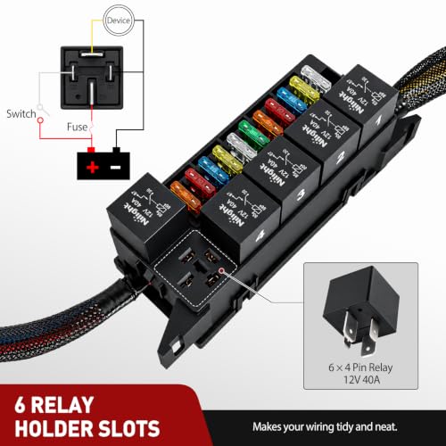 Nilight 12V Fuse Relay Box 6 Relays 4pin 40A 11 Fuses Pre-Wired Block Kit - color: Pre-Wired Box 6 Relay 11 Fuse