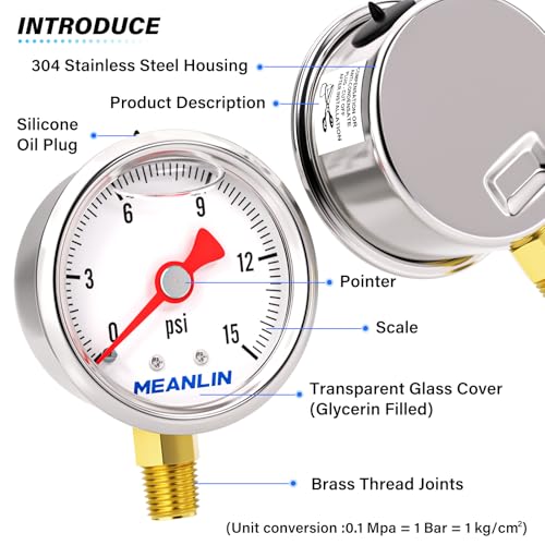 MEANLIN MEASURE 2pcs 0~15Psi Stainless Steel Liquid Filled, 1/8" NPT 1.5" Glycerin Filled Pressure Gauge, Water Oil Air, Lower Mount, with 1/4" NPT and 3/8" NPT Hex Bushing - size: 0-15Psi