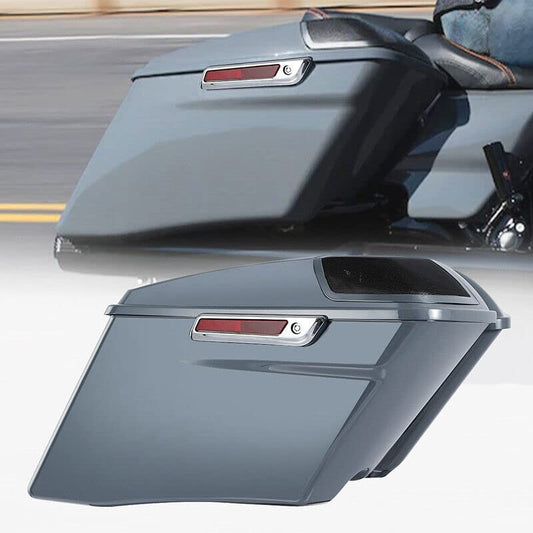 TCT-MOTORPARTS 4" Extended Hard Saddlebags Gunship Gray Saddle bags Fit for Harley CVO Touring Models FLT, FLHT, FLHTCU, FLHRC, Road King, Road Glide, Street Glide, Electra Glide 2014-2024 - color: Gunship Grey w/ Chrome Latches