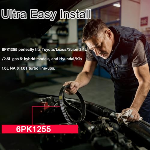 6PK1255 Serpentine Belt 49.45 Inch for Toyota Camry RAV4 2.5L L4 2AZ-FE - size: 6PK1255