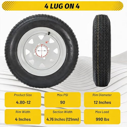 GarveeTech 2PCS 4.80-12 4.80x12 480-12 Trailer Tires with 12 inch Rims, 2 Pack 4.80 12 Tires 4 Lug on 4 inch, Center Bore 2.83", 6PR, Muti Function Lawn Mower Tire & Tractor Turf Tire & Boat Tire - size: 4.80-12, style: 4 lug