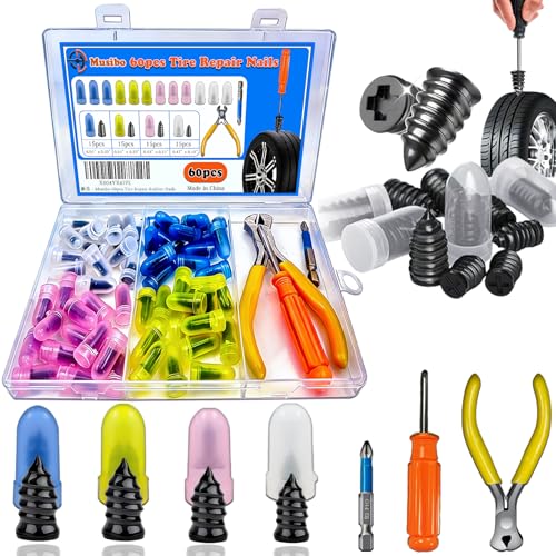 60Pcs Tire Repair Rubber Nails Kit with 4 Sizes, Tire Repair, Vacuum Tire Repair Rubber Nail, Screw in Tire Repair Plugs, Tire Rubber Nails Tool, Rubber Nails Tire Repair for Car, Motorcycle, Truck