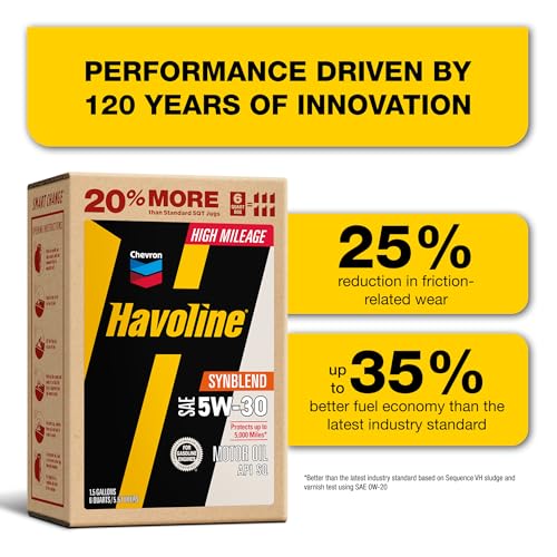 Havoline Motor Oil 5w30 High Mileage Synthetic Technology Smart Change Engine Oil, 5W-30, 6 Quarts, Pack of 2 - size: Pack of 2, style: 5W-30