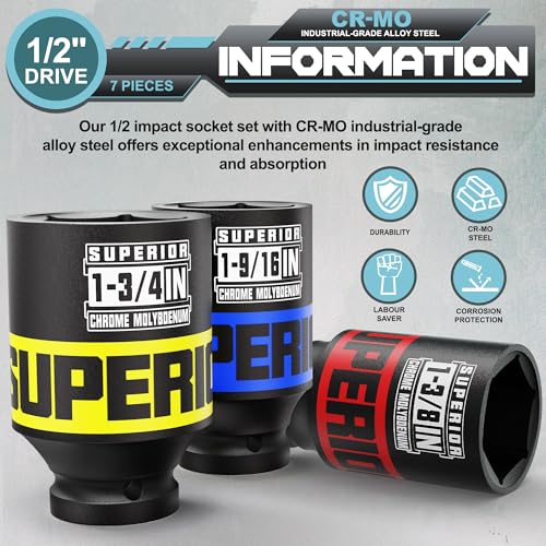 7 Piece 1/2" Drive Impact Socket Set, 1-3/8" - 1-3/4" Axle Nut Socket, SAE, CR-MO, 6 Point, Large Equipment Maintenance, Home Repair, Car Repair and More - size: 1/2" Heavy SAE
