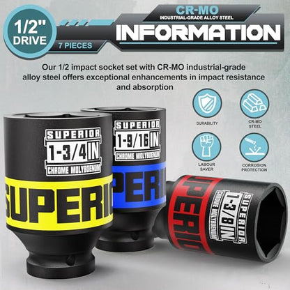 7 Piece 1/2" Drive Impact Socket Set, 1-3/8" - 1-3/4" Axle Nut Socket, SAE, CR-MO, 6 Point, Large Equipment Maintenance, Home Repair, Car Repair and More - size: 1/2" Heavy SAE