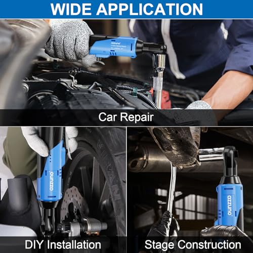 AZZUNO 3/8" Electric Ratchet Wrench Set 30 Ft-lbs Cordless Ratchet Wrench 300 RPM Power Ratchet Tool Kit with 2 x 2000mAh Lithium-Ion Battery, Fast Charger, 7 Sockets and 3" Extension Bar - color: Blue