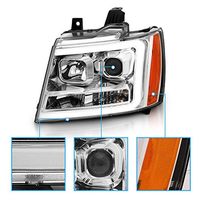 AmeriLite for 2007-2013 Chevy Avalanche/Suburban/Tahoe Switchback LED Turn Siganl Tube Chrome Projector Headlights Assembly Pair - Passenger and Driver Side - color: Chrome Projector Switchback LED Bar