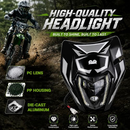 DOT Dirt Bike Headlight LED With Turn Signals and Graphics Sticker-Black - color: Black with Sticker, size: With Turn Signals