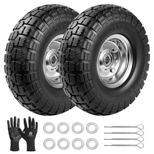 4.10/3.50-4 Tire Wheels Flat Free 10" Heavy Duty Solid Flat-Free Replacement Tire with 5/8 Axle Compatible with Gorilla Carts, Wheelbarrow, Dolly, Hand Truck (2-Pack)