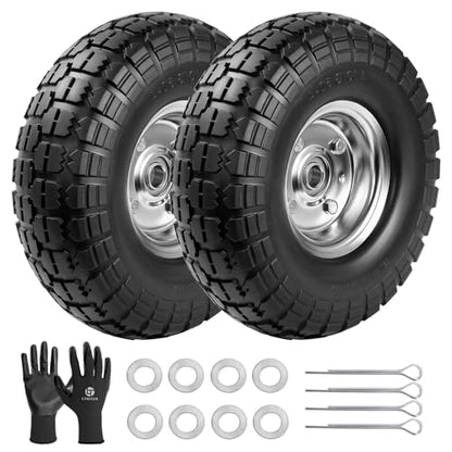 4.10/3.50-4 Tire Wheels Flat Free 10" Heavy Duty Solid Flat-Free Replacement Tire with 5/8 Axle Compatible with Gorilla Carts, Wheelbarrow, Dolly, Hand Truck (2-Pack)